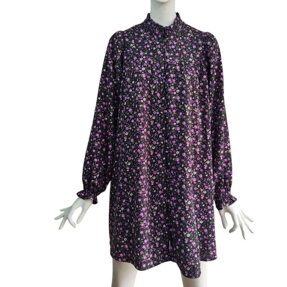 ENGLISH FACTORY Babydoll Floral Ruffle Neck Button Detail Front Mini Dress S